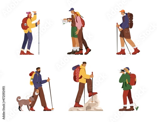 Set of people characters men and women doing hiking and trekking. Vector illustration, outdoor activity