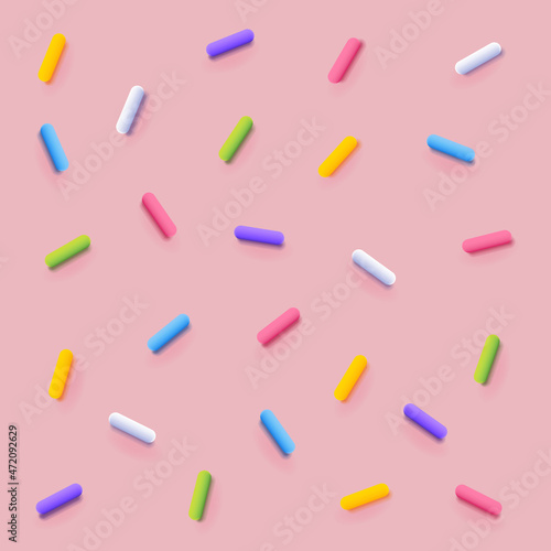 Seamless pattern of pink donut glaze with many decorative sprinkles. Vector background made with gradient meshes. Background design for banner, poster, flyer, card, postcard, cover, brochure