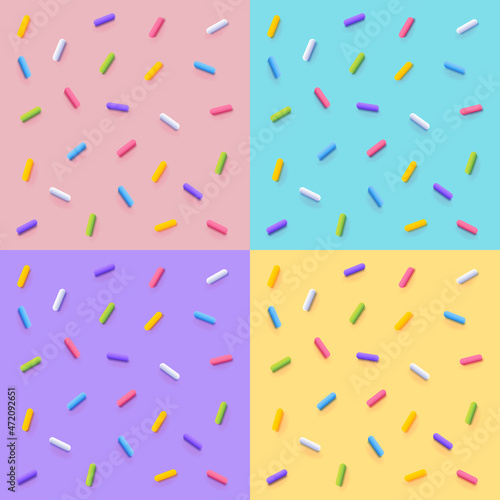 Set of Colorful Glaze Backgrounds. Vector Seamless Pattern with Sprinkles. Donut Glaze Illustrations. Sweet Food Texture.