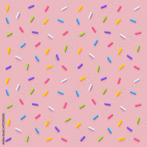 Seamless pattern of pink donut glaze with many decorative sprinkles. Vector background made with gradient meshes. Background design for banner, poster, flyer, card, postcard, cover, brochure