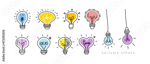 Vector Set of Hand drawn Light Bulbs and Wires. Symbol of Hanging light bulb idea, brainstorm and love valentines day. Editable outline stroke
