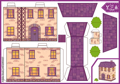 Kids craft paper game. Cut and glue 3d toy house. Education children activity page and worksheet. Kids puzzle. Cutout cartoon a doll house. Vector illustration.