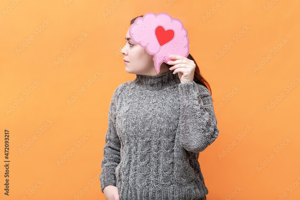 Woman with brain figure, emotional intelligence concept. World mental health day concept. - obrazy, fototapety, plakaty 