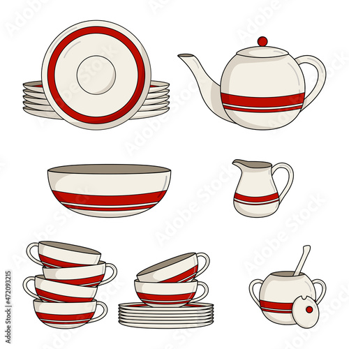 Tableau sur toile Ceramic tea-set with red stripe. Kitchenware.