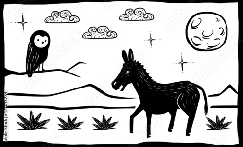 Owl and donkey on a moonlit night in the northeastern hinterland.