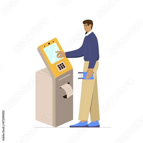 Passenger at self check-in kiosk at the airport, flight registration, getting boarding pass. Vector illustration.