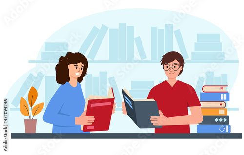 Book lovers, readers, literature fans or students reading books. Young happy reading man and woman with paper books. Education, literature, knowledge flat or cartoon vector illustration.