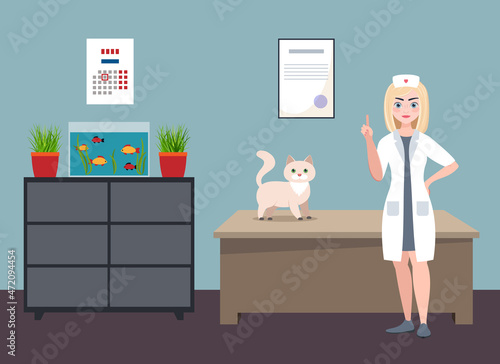 veterinarian and cat, flat vector illustration