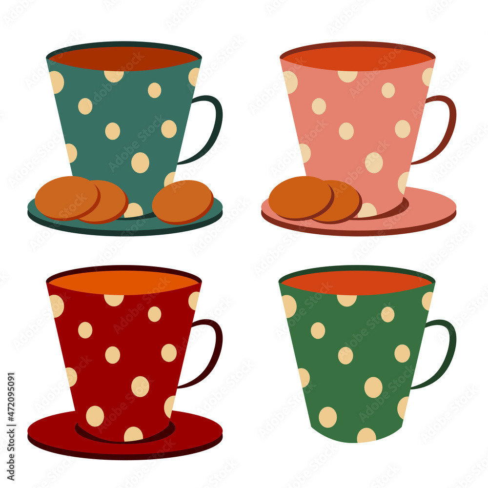 Obraz premium Four cozy spotty teacups with cookies isolated on white background. Dessert and utensils vector illustration.