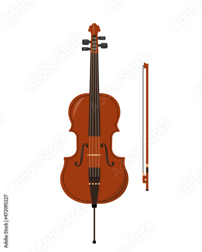 Classical wooden cello with bow isolated on white background. Stringed musical instrument icon. Vector illustration in flat or cartoon style.