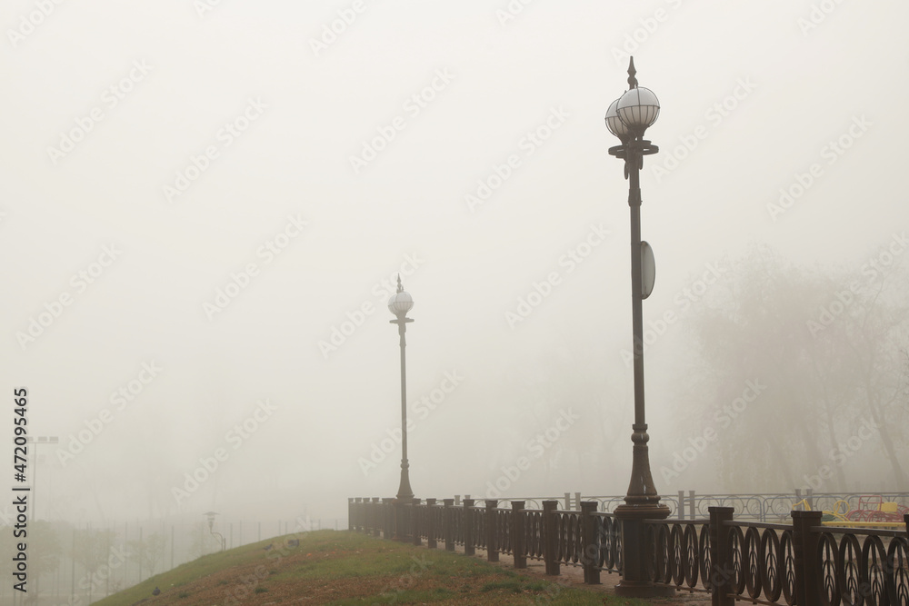 Obraz premium lampposts in the park in the fog