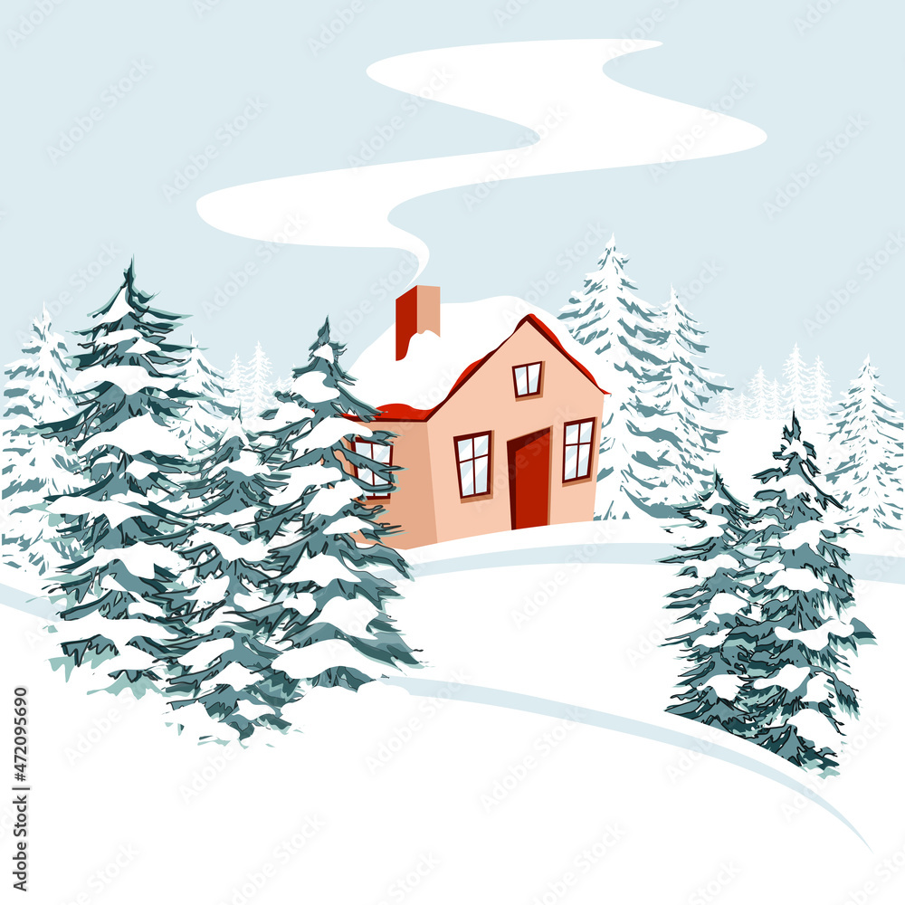 Cozy snow little one-storeyed house in white fir trees and pines forest. Winter season natural vector landscape illustration in flat style.
