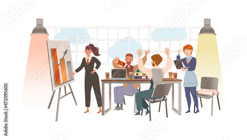 Business people working together in office. Office workers sitting at conference table taking part in business meeting, planning, brainstorming vector illustration