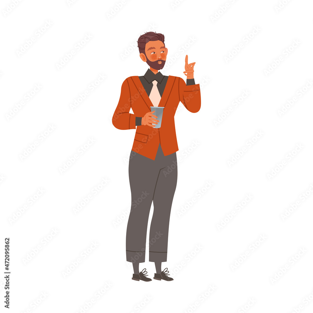 Male office worker character holding cup of coffee vector illustration