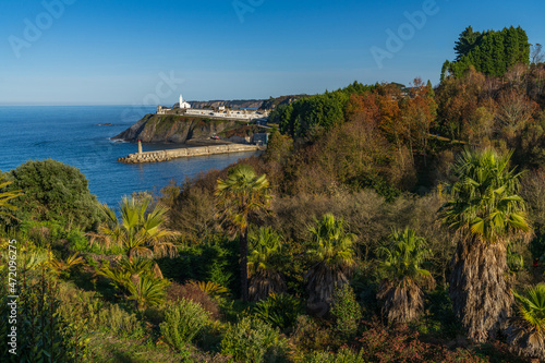 View of the cemetery, the church and the lighthouse of the Asturian city of Luarca, Lluarca, 