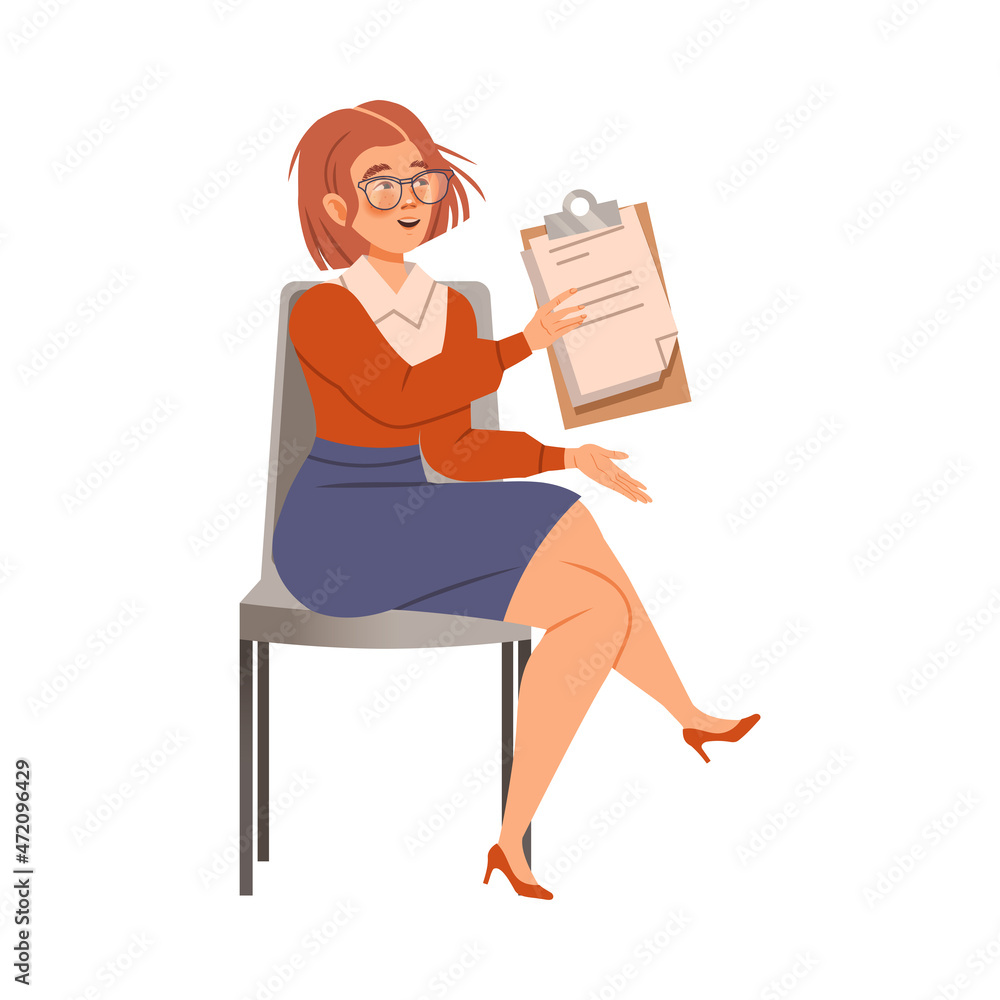 Female job seeker waiting for interview with resume in her hands vector illustration Female job seeker waiting for interview with resume in her hands vector illustration
