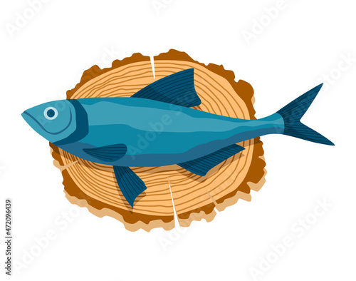 Fish on wooden board. Kitchen cutting board with healthy meal meat. Foodstuff in cartoon style. Concept organic wild river or ocean food