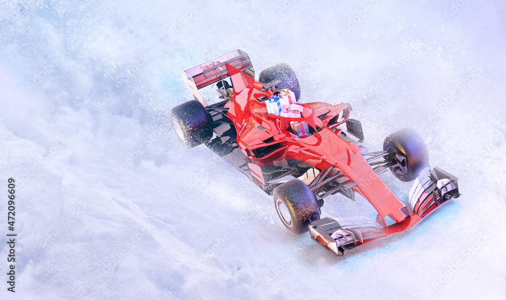 Naklejka premium Modern Santa Claus Christmas, New Year 3D illustration. Funny smiling Santa race driver delivering Christmas presents, gift boxes, waving hand. 2022 greeting card, poster, banner design. Room for text