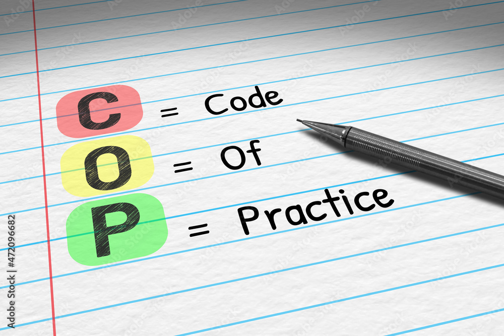 COP - Code of Practice. Business acronym on note pad.