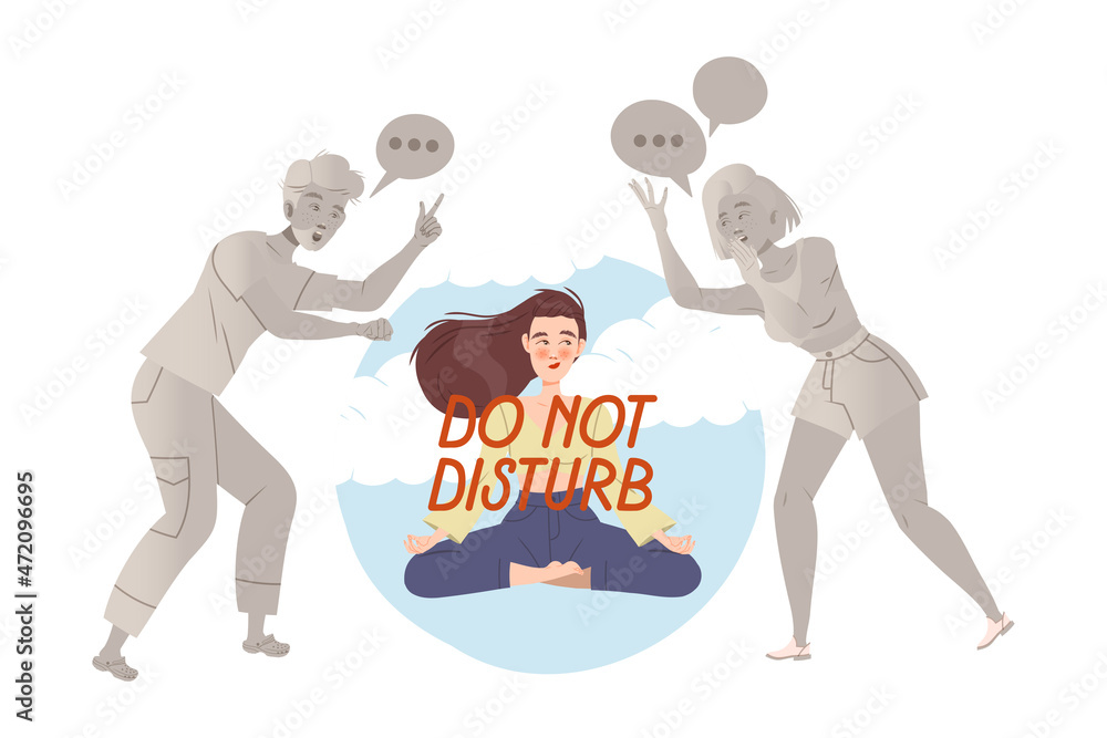 Girl in meditation pose sitting inside transparent glass bubble and people reaching for her. Avoiding of conflict, social isolation, personal space cartoon vector illustration Girl in meditation pose sitting inside transparent glass bubble and people reaching for her. Avoiding of conflict, social isolation, personal space cartoon vector illustration