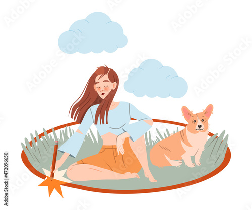 Girl drawing boundary around herself and her dog. Social isolation, unsocial lonely person cartoon vector illustration