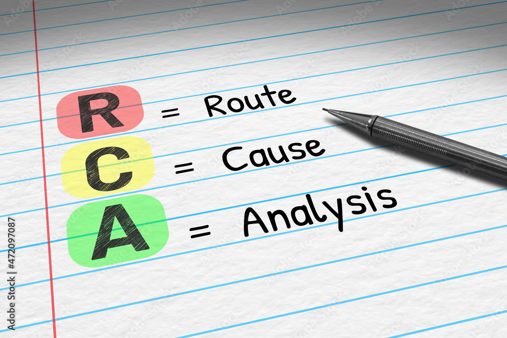 RCA - Route Cause Analysis. Business acronym on note pad. RCA - Route Cause Analysis. Business acronym on note pad.