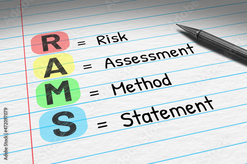RAMS - Risk Assessment Method Statement. Business acronym on note pad.