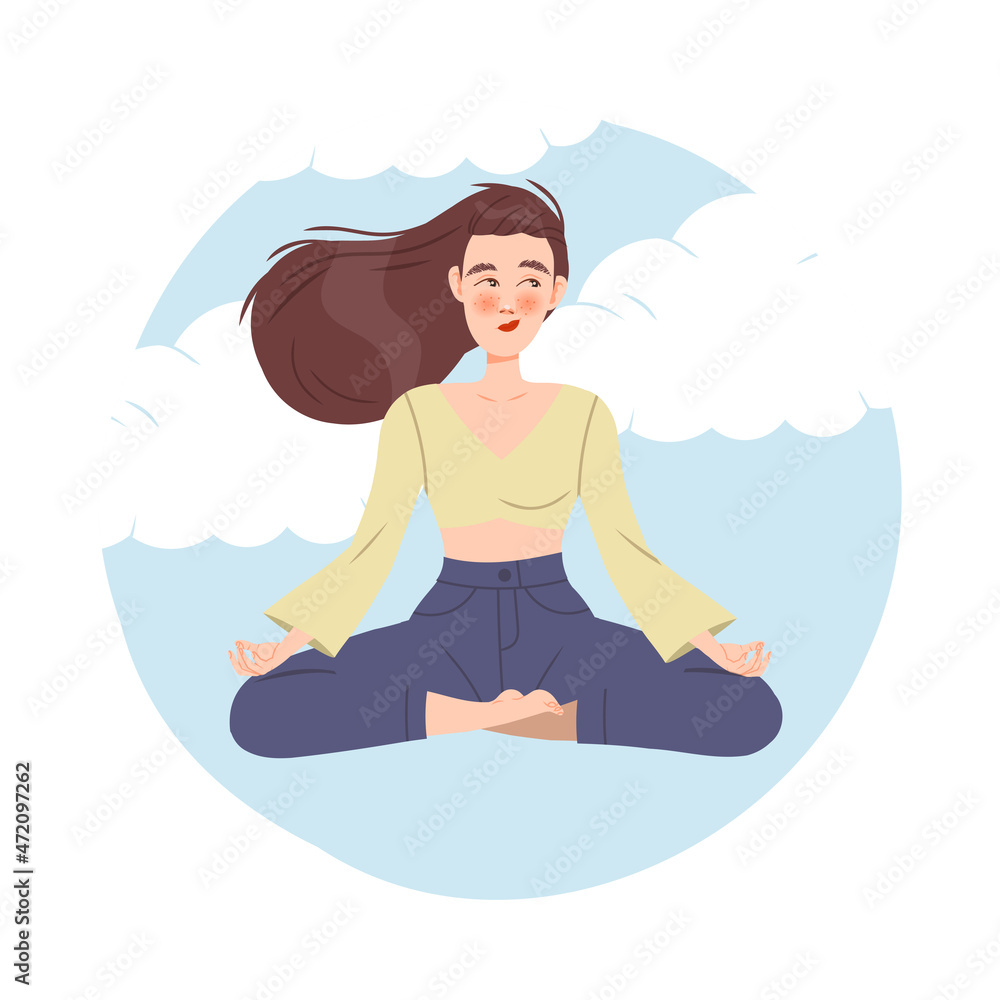 Girl in meditation pose sitting inside transparent glass bubble. Social isolation, personal space cartoon vector illustration
