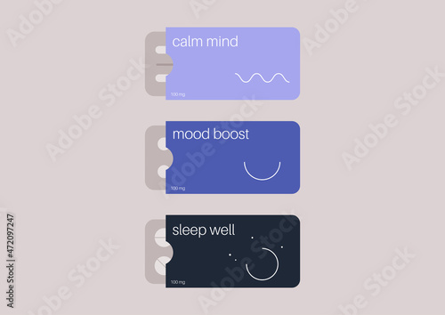 Medical supplements packages, a  set of sleeping pills, antidepressants, and energy booster