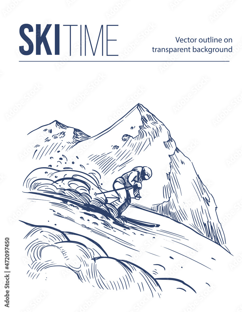 Ski resort in the mountains. ski slope. Winter landscape. Vector outline illustration. Line art