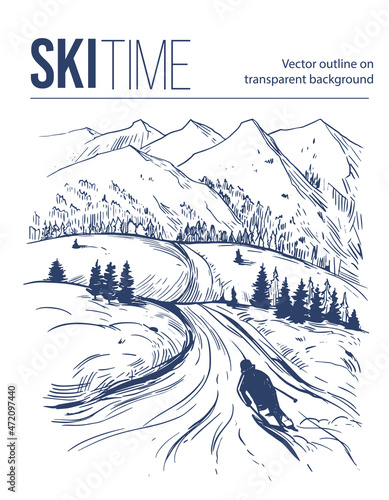 Ski resort in the mountains. ski slope. Winter landscape. Vector outline illustration. Line art