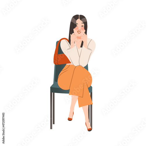 Woman Character Waiting in Queue or in Line for Beauty Salon Sitting on Chair with Crossed Legs and Smiling Vector Illustration