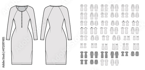 Set of Dresses casual technical fashion illustration with cami, henley, polo, round V-neckline, pouch, oversized fitted. Flat apparel front, back, white, grey color style. Women men unisex CAD mockup