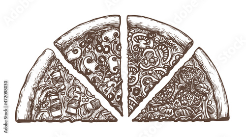 Italian pizza sketch. Pepperoni pizza sliced into pieces isolated on white background