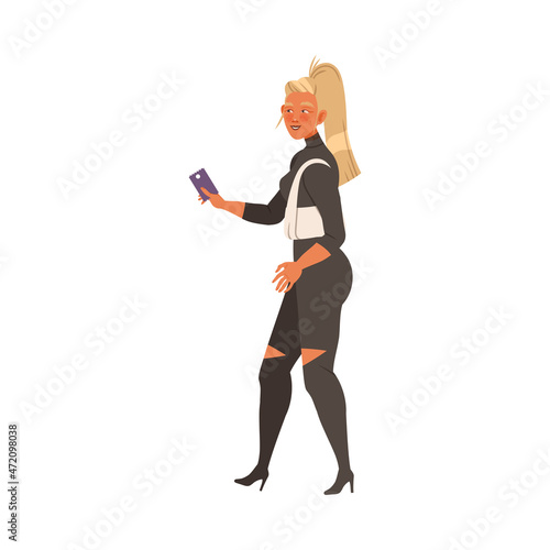 Blond Woman in Casual Wear on High Heels Waiting or Standing in Queue or in Line for Nightclub Vector Illustration