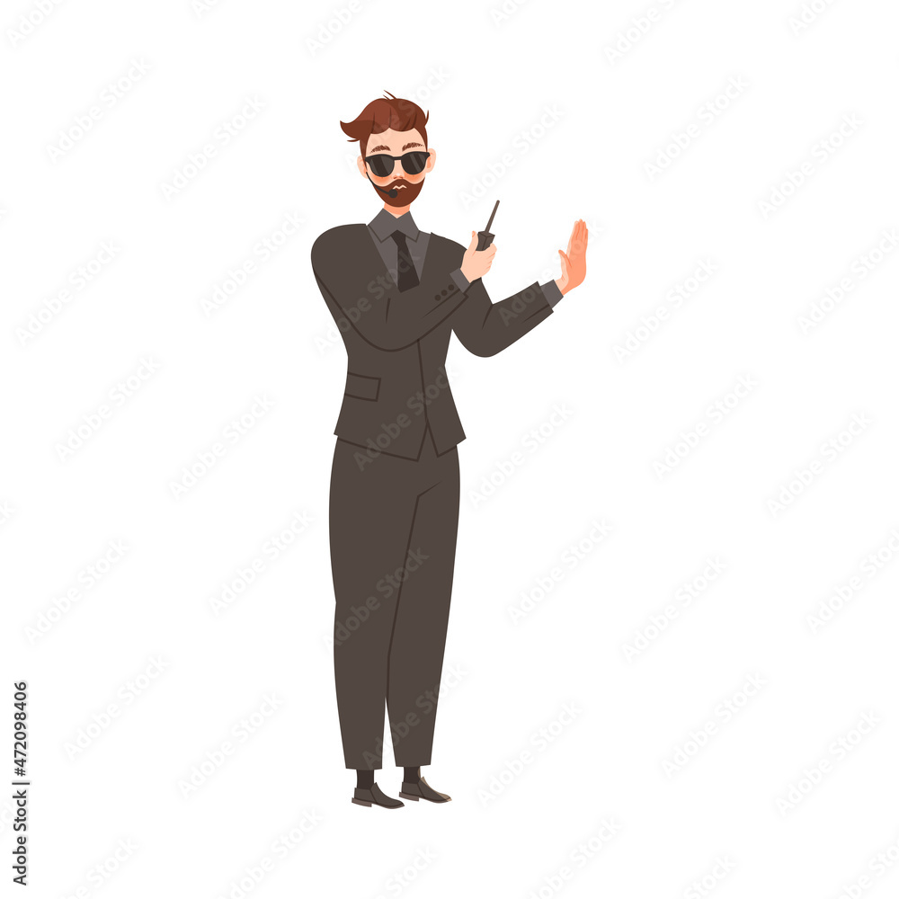 Bearded Brutal Man as Security Guard in Black Suit Standing at Nightclub Face Control Vector Illustration Bearded Brutal Man as Security Guard in Black Suit Standing at Nightclub Face Control Vector Illustration