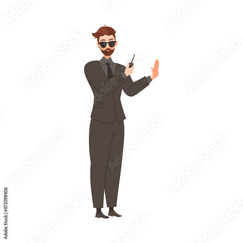 Bearded Brutal Man as Security Guard in Black Suit Standing at Nightclub Face Control Vector Illustration