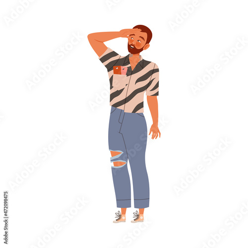 Bearded Man in Ripped Jeans and Striped Shirt Waiting or Standing in Queue or in Line for Nightclub Vector Illustration