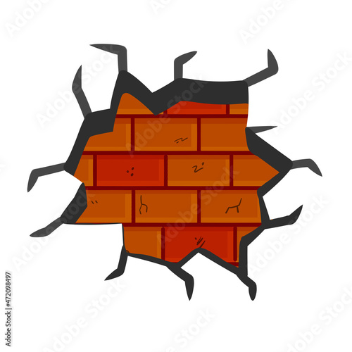 Broken plaster with cracks. Decoration and background element. Detail of house and hole in old building.