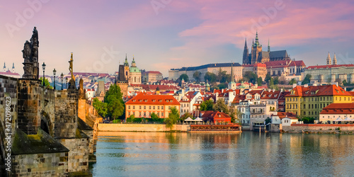 Prague panorama with Charles Bridge and Prague Castle at background, Czech Republic