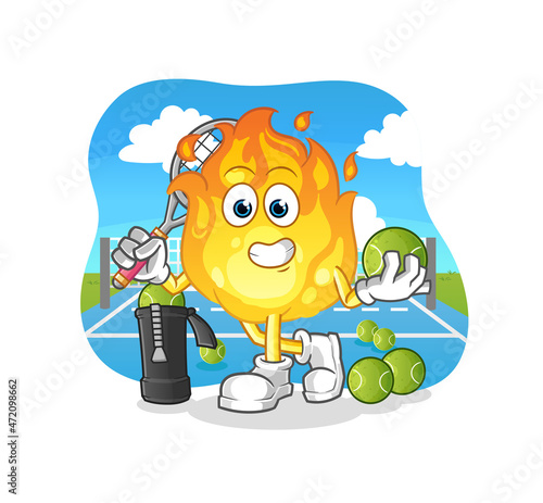 fire plays tennis illustration. character vector