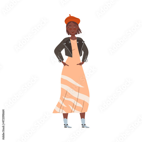 Woman in Casual Leather Jacket and Beret Waiting or Standing in Queue or in Line for Nightclub Vector Illustration