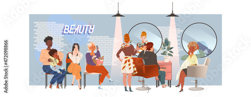 People Character Waiting in Queue or in Line for Beauty Salon Sitting on Chair Vector Illustration