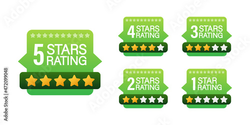 5 star rating. Badge with icons on white background. Vector stock illustration.