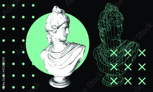 Retrofuturistic vaporwave style 3D illustration of a low poly Apollo Belvedere bust. Sci-fi retro aesthetics.