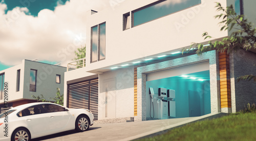 A concept for a home battery system for solar energy storage and powering electric vehicles. A modern house with an open garage and a car in the afternoon light. 3d rendering. © malp