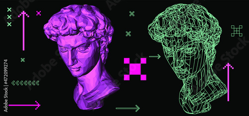 Retrofuturistic vaporwave style 3D illustration of a low poly statue. Sci-fi retro aesthetics.