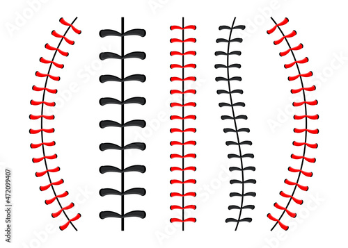 Baseball ball stitches, red lace seam isolated on background