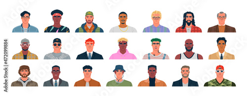 Diverse set of young man portrait illustration on isolated background. Trendy men collection, big bundle of different funny boy character cartoons in modern fashion. 
