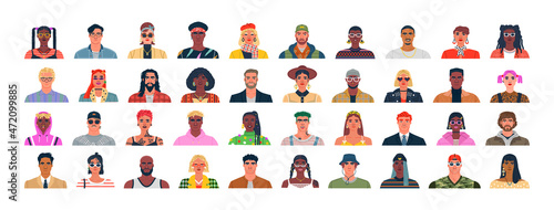 Diverse people portrait set. Flat cartoon character avatar illustration collection. Big men and women group bundle for modern business team presentation or young person concept.
